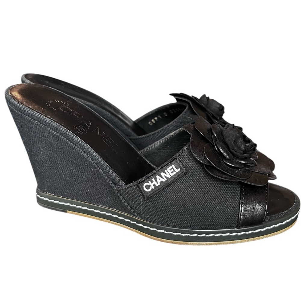 💗CHANEL Canvas Leather Camellia Slide On Platform Wedge Sandals • BLACK • 36.5EU - Picture 3 of 12